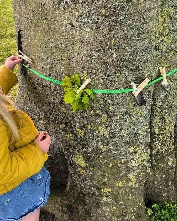 Barn der hænger blade op på en snor ved et stort træ
